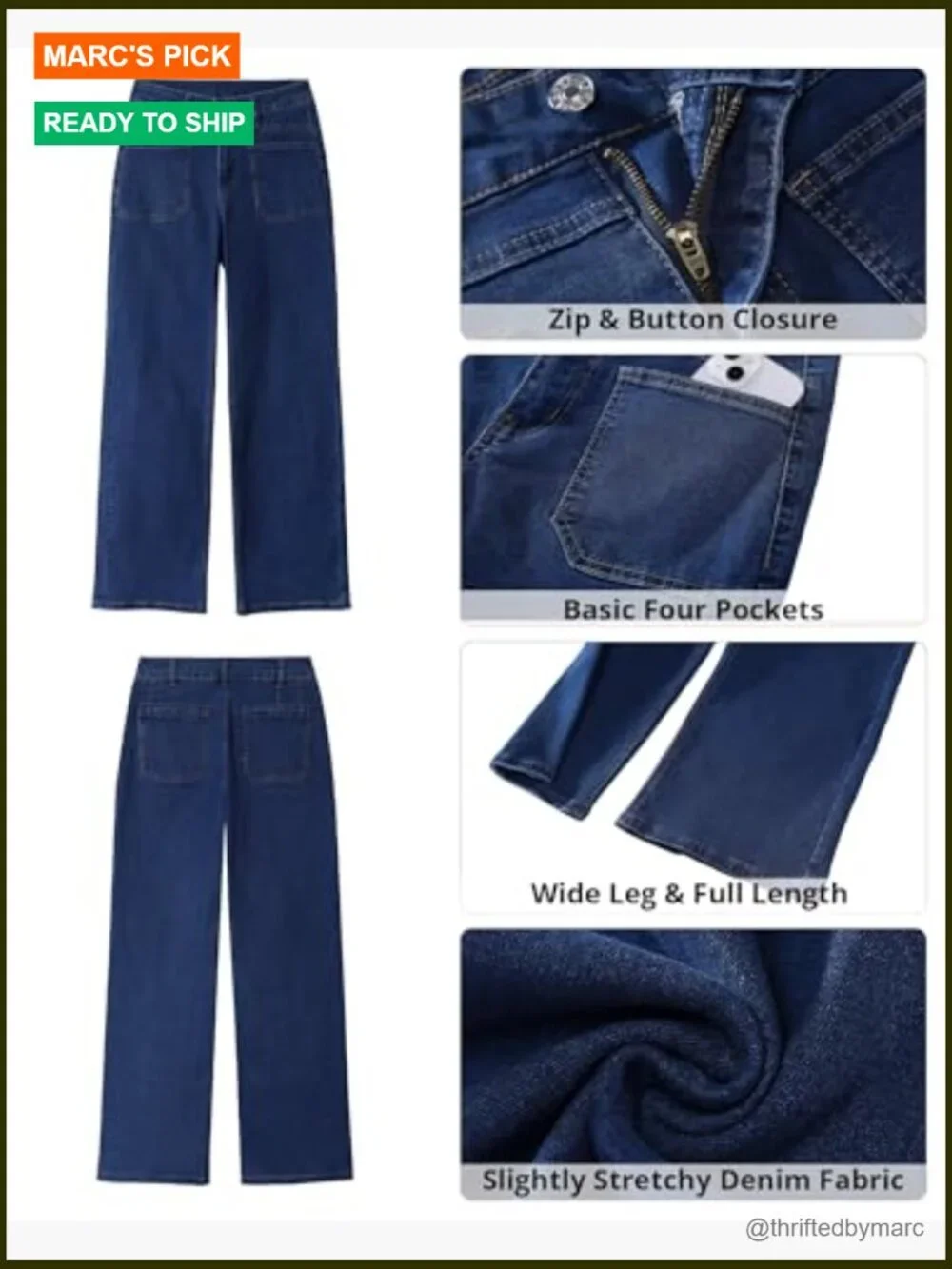 High Waisted Wide Leg Stretchy Retro Denim Pants with Pouch Pockets
